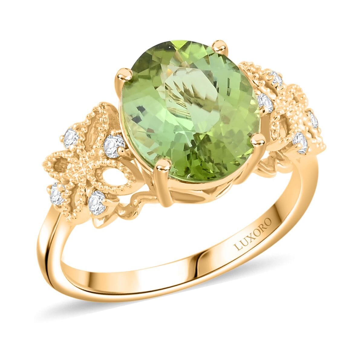 Certified & Appraised Luxoro 10K Yellow Gold AAA Green Tourmaline, Diamond (G-H, I2) (0.15 cts) Ring (Size 11.0) 3.75 ctw image number 0