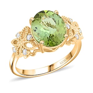 Certified & Appraised Luxoro 10K Yellow Gold AAA Green Tourmaline, Diamond (G-H, I2) (0.15 cts) Ring (Size 11.0) 3.75 ctw