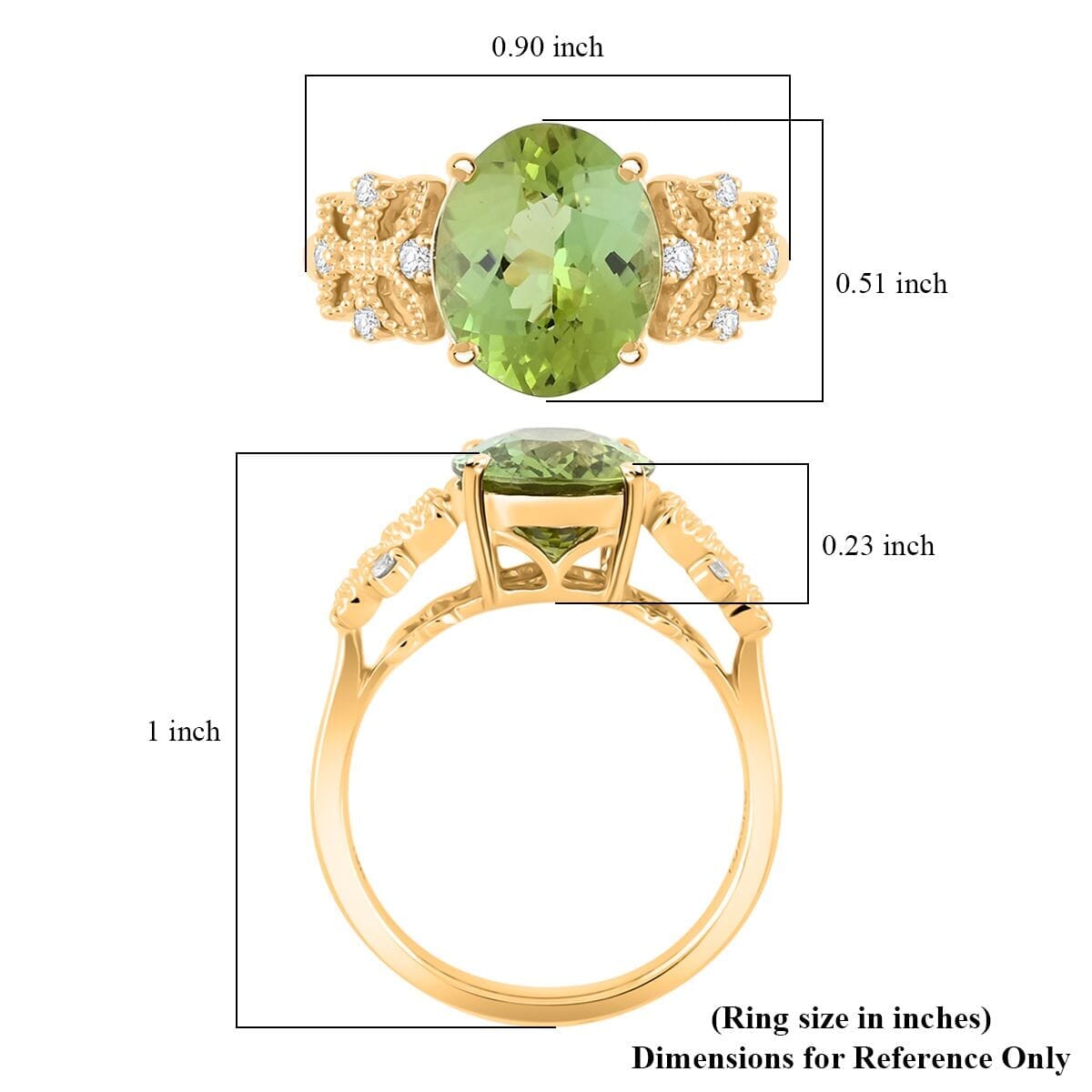 Certified & Appraised Luxoro 10K Yellow Gold AAA Green Tourmaline, Diamond (G-H, I2) (0.15 cts) Ring (Size 11.0) 3.75 ctw image number 5