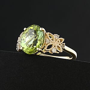  Certified & Appraised Luxoro AAA Apple Green Tourmaline and G-H I2 Diamond 3.75 ctw Ring in 10K Yellow Gold (Size 6.0)
