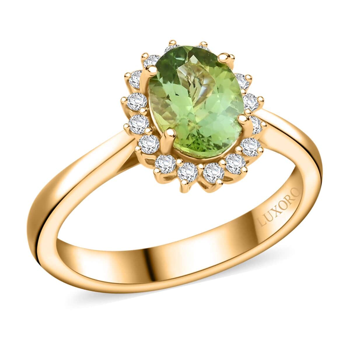 Certified & Appraised Luxoro AAA Golconda Green Tourmaline and G-H I2 Diamond 1.60 ctw Ring in 10K Yellow Gold (Size 10.0) image number 0