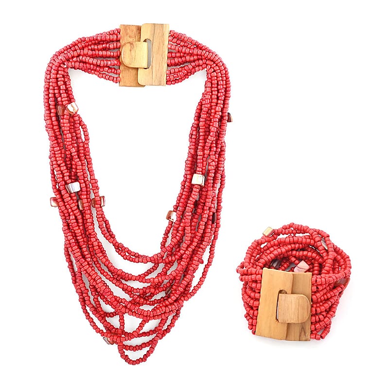 Red Seed Bead, Shell Wooden Buckle Stretch Bracelet and Multi Strand Necklace 18 Inches