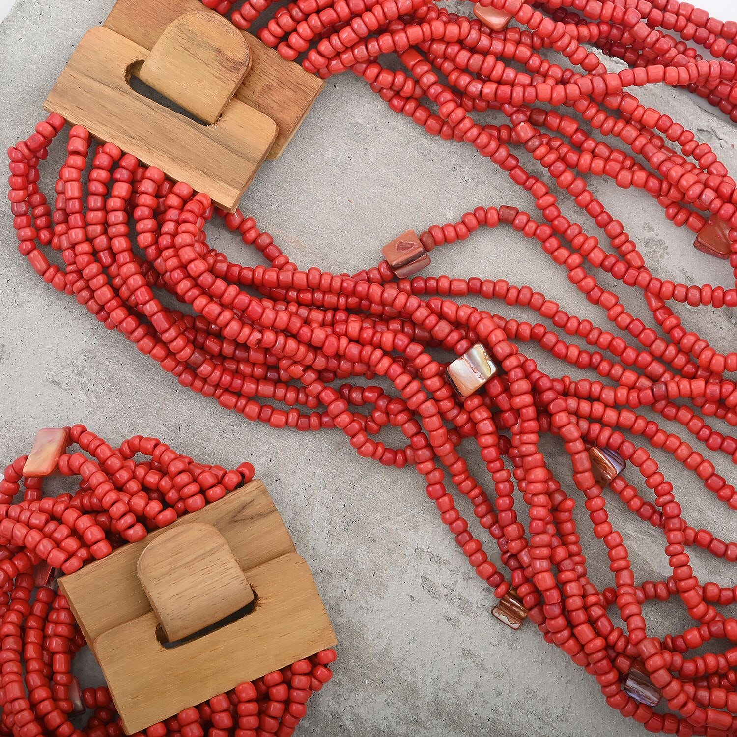 Red Seed Bead, Shell Wooden Buckle Stretch Bracelet and Multi Strand Necklace 18 Inches