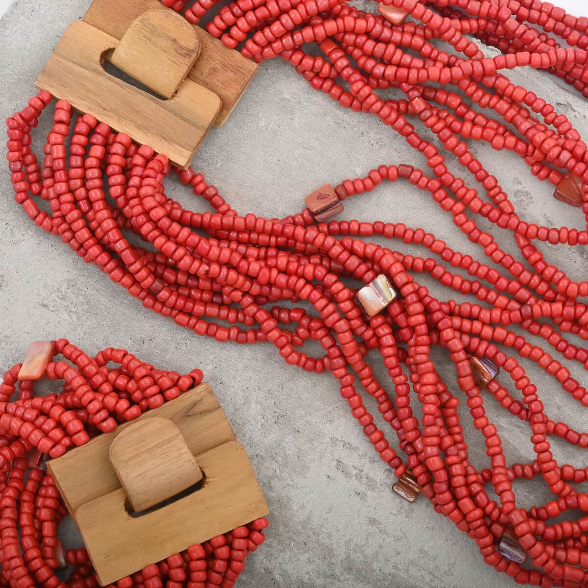 Red Seed Bead, Shell Wooden Buckle Stretch Bracelet and Multi Strand Necklace 18 Inches image number 1