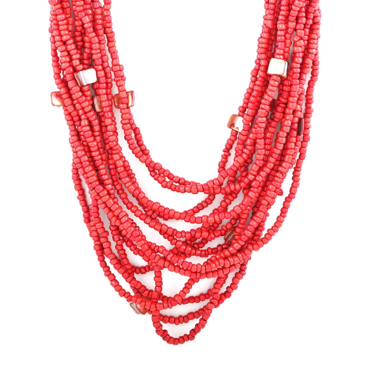 Red Seed Bead, Shell Wooden Buckle Stretch Bracelet and Multi Strand Necklace 18 Inches image number 2