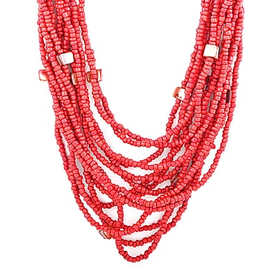 Red Seed Bead, Shell Wooden Buckle Stretch Bracelet and Multi Strand Necklace 18 Inches