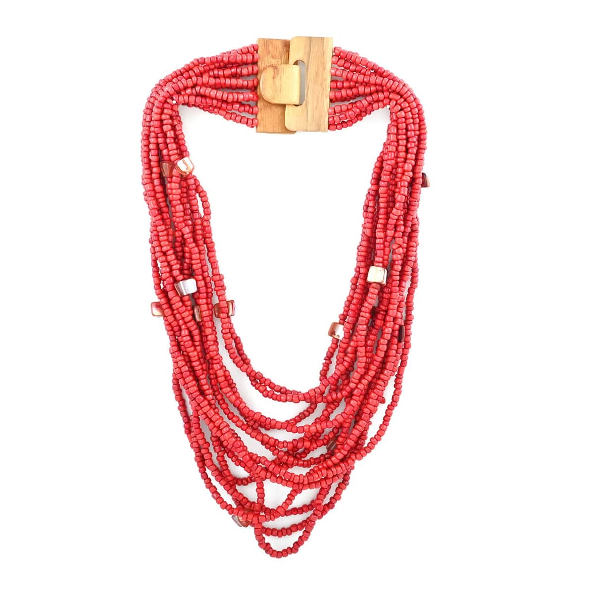 Red Seed Bead, Shell Wooden Buckle Stretch Bracelet and Multi Strand Necklace 18 Inches image number 3