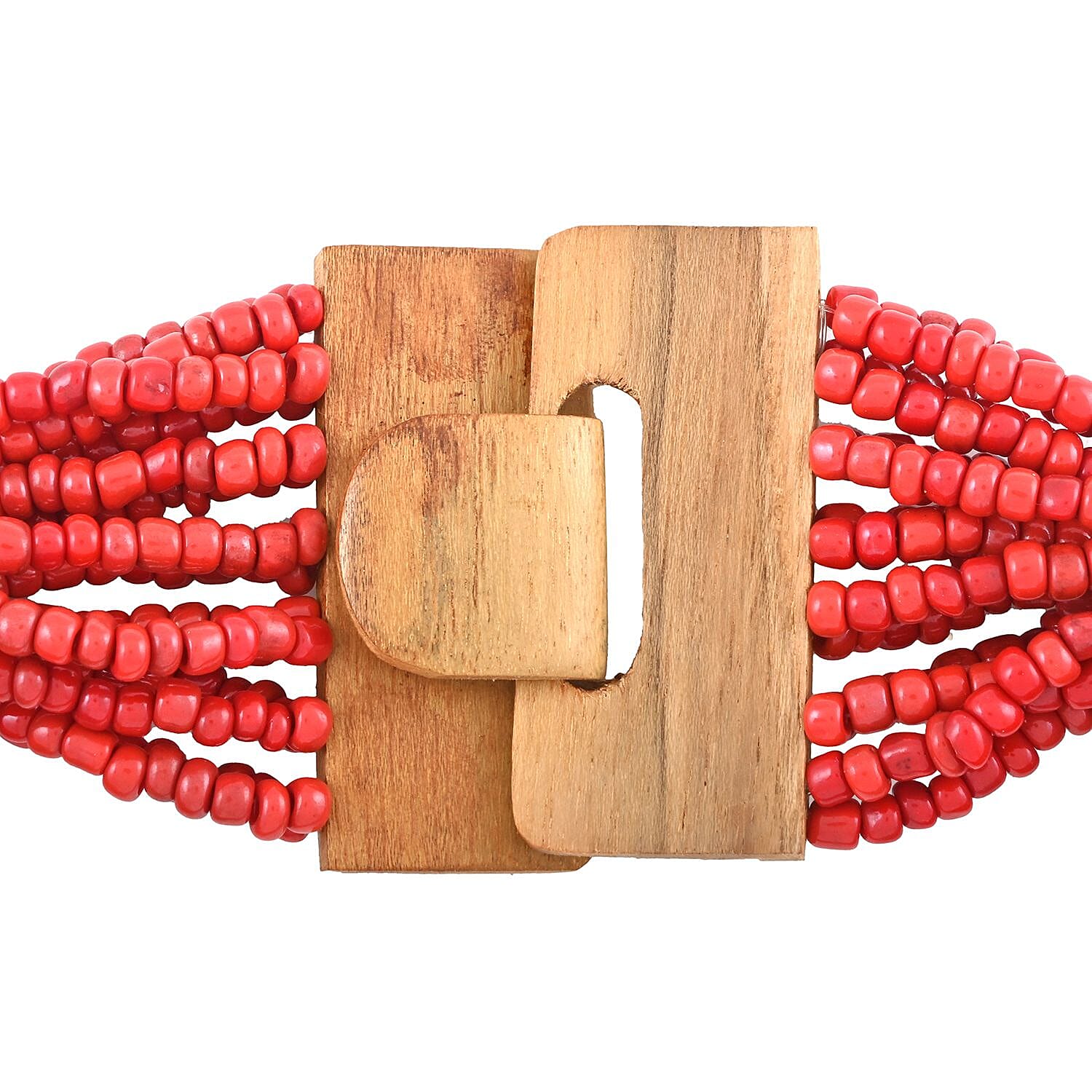 Red Seed Bead, Shell Wooden Buckle Stretch Bracelet and Multi Strand Necklace 18 Inches