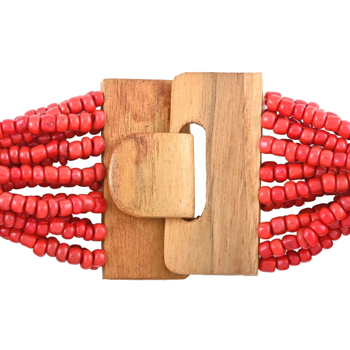 Red Seed Bead, Shell Wooden Buckle Stretch Bracelet and Multi Strand Necklace 18 Inches image number 4