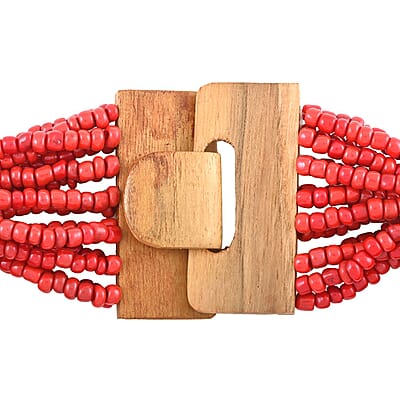 Red Seed Bead, Shell Wooden Buckle Stretch Bracelet and Multi Strand Necklace 18 Inches