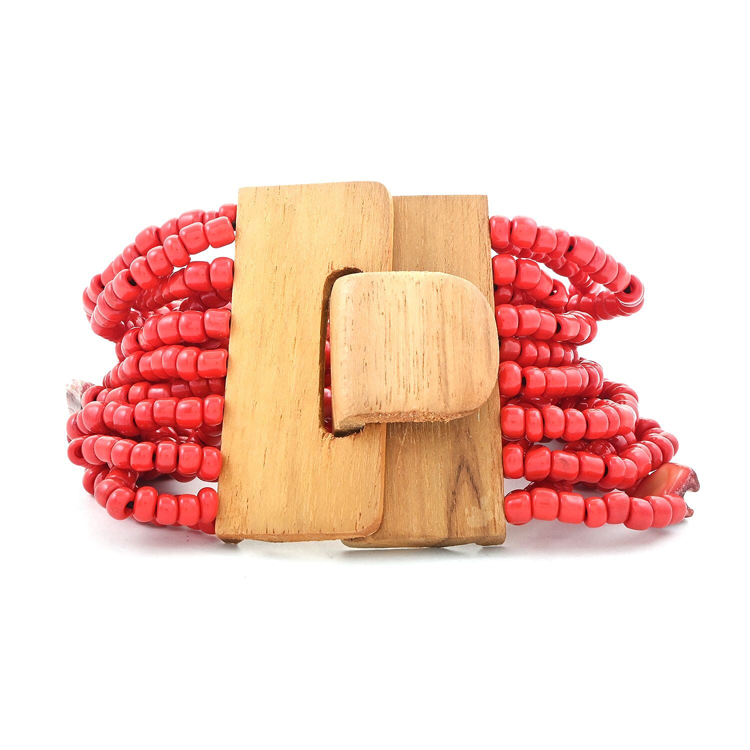 Red Seed Bead, Shell Wooden Buckle Stretch Bracelet and Multi Strand Necklace 18 Inches