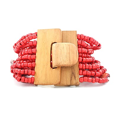 Red Seed Bead, Shell Wooden Buckle Stretch Bracelet and Multi Strand Necklace 18 Inches