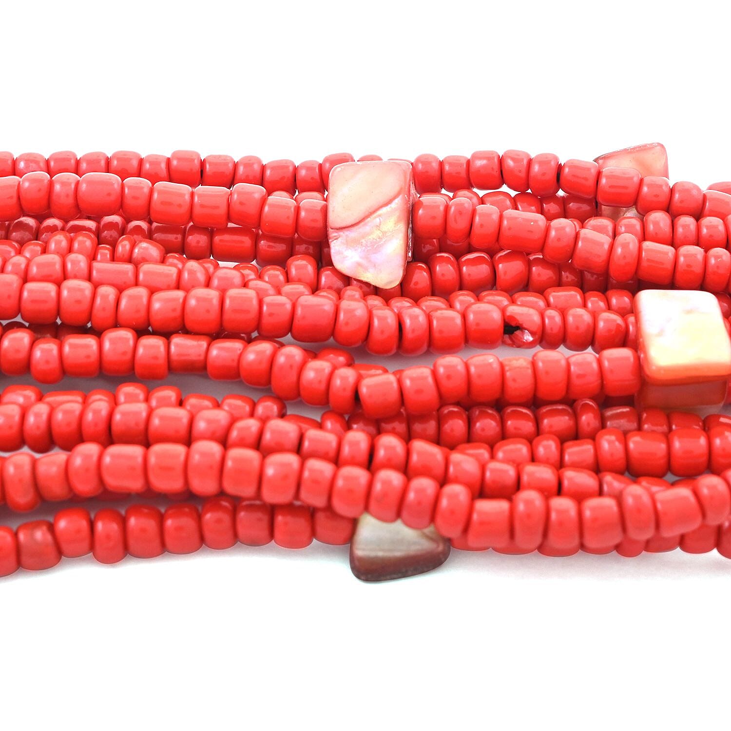 Red Seed Bead, Shell Wooden Buckle Stretch Bracelet and Multi Strand Necklace 18 Inches
