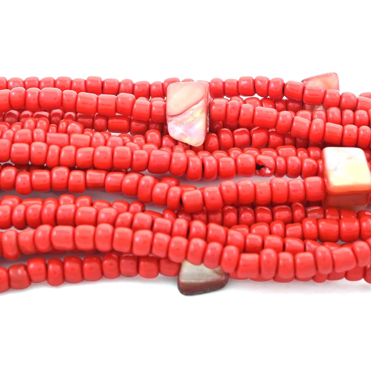 Red Seed Bead, Shell Wooden Buckle Stretch Bracelet and Multi Strand Necklace 18 Inches image number 6