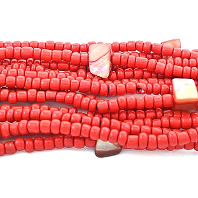 Red Seed Bead, Shell Wooden Buckle Stretch Bracelet and Multi Strand Necklace 18 Inches