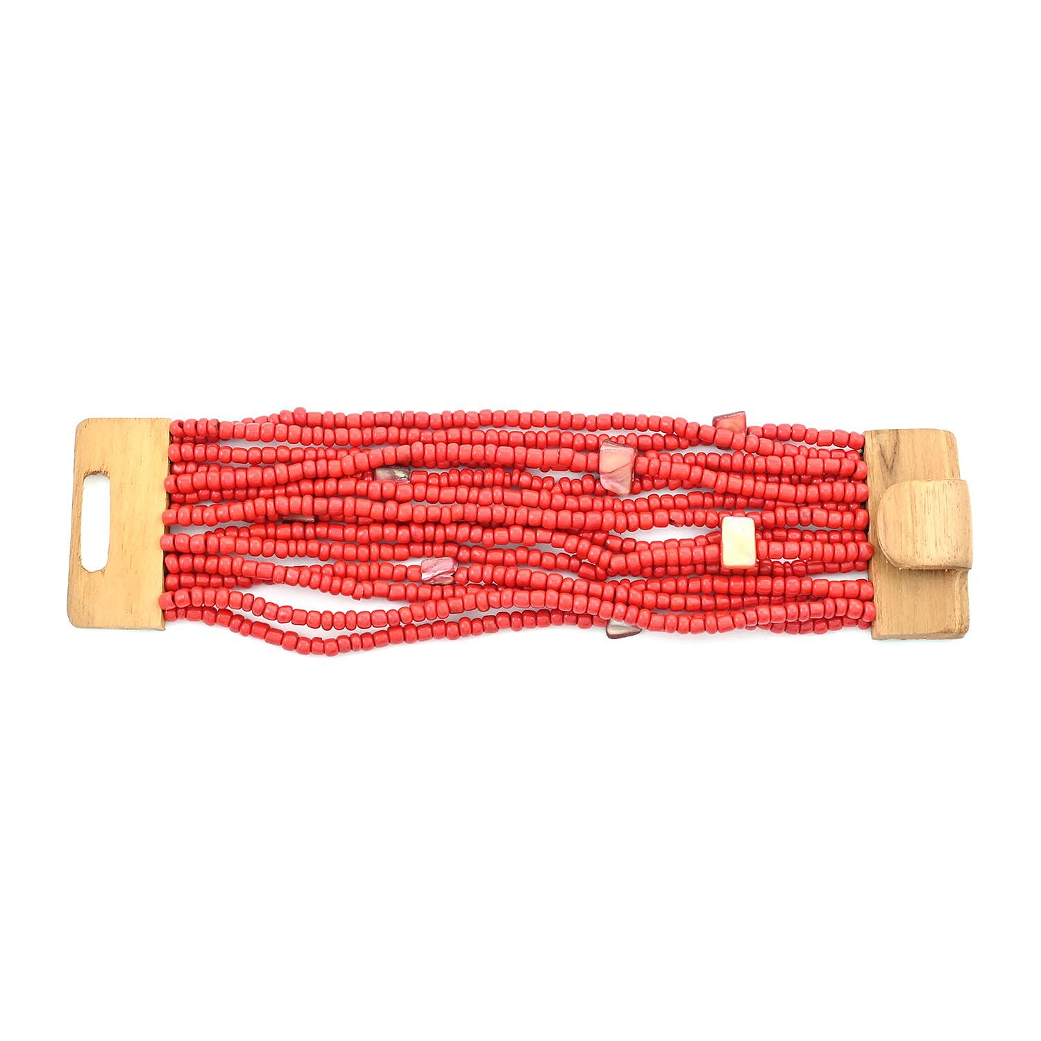 Red Seed Bead, Shell Wooden Buckle Stretch Bracelet and Multi Strand Necklace 18 Inches