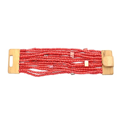 Red Seed Bead, Shell Wooden Buckle Stretch Bracelet and Multi Strand Necklace 18 Inches