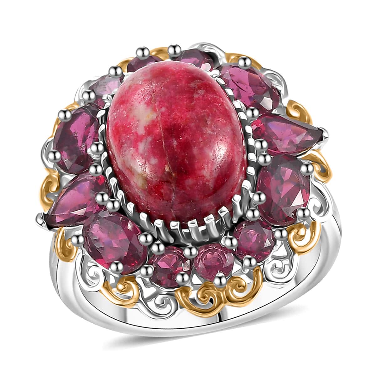 Karis Norwegian Thulite, Orissa Rhodolite Garnet Eternal Rose Ring in 18K YG Plated and Platinum Bond (Size 10.0) 13.10 ctw image number 0