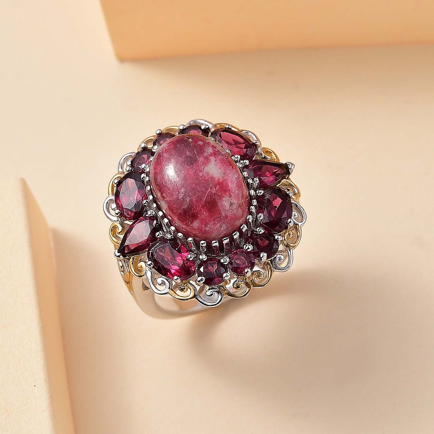 Karis Norwegian Thulite and Orissa Rhodolite Garnet 13.10 ctw Eternal Rose Ring in 18K YG Plated and Platinum Bond (Size 10.0)