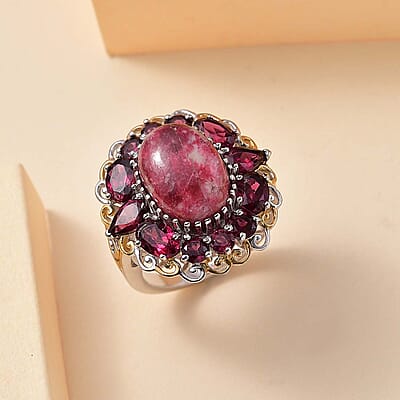 Karis Norwegian Thulite and Orissa Rhodolite Garnet 13.10 ctw Eternal Rose Ring in 18K YG Plated and Platinum Bond (Size 10.0)