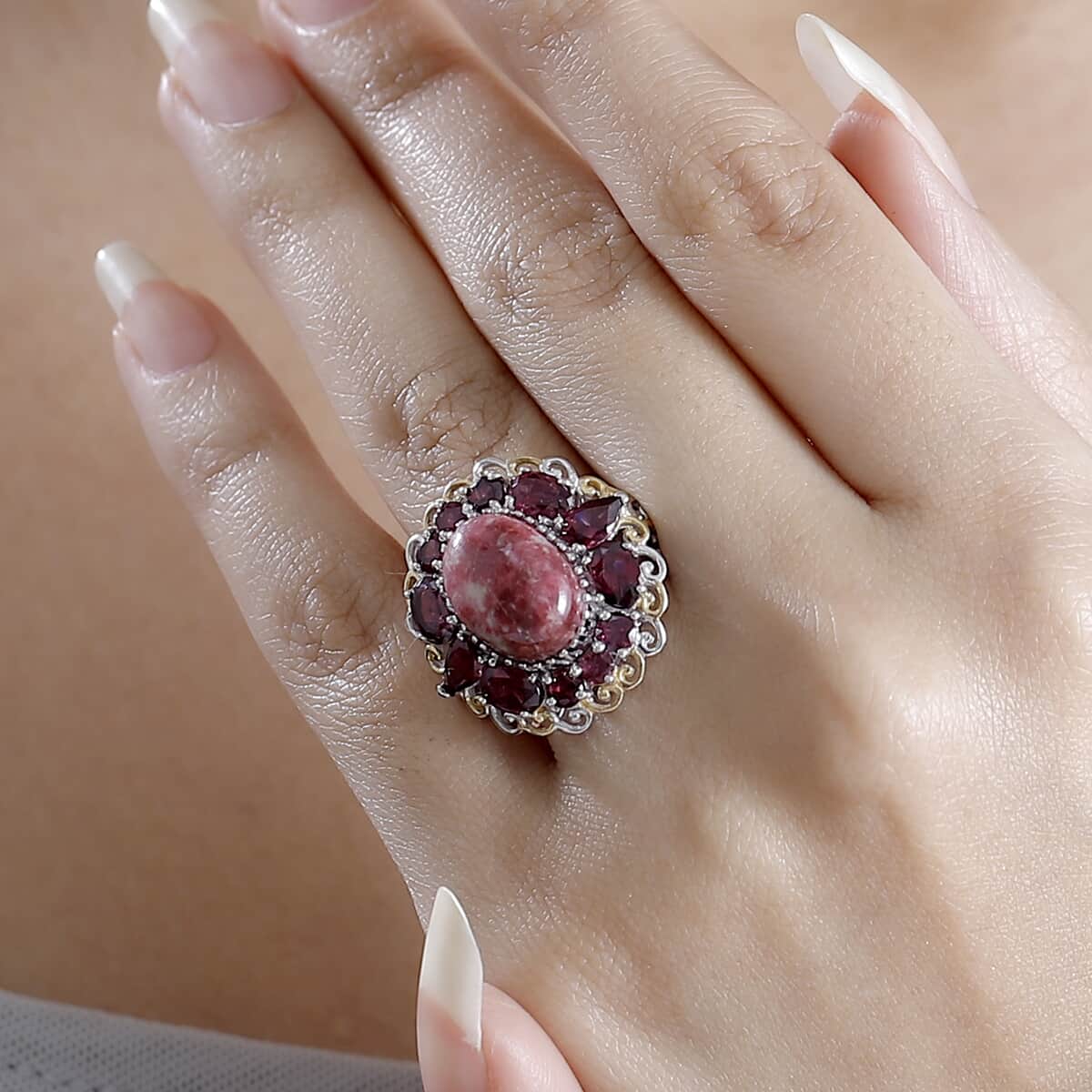 Karis Norwegian Thulite, Orissa Rhodolite Garnet Eternal Rose Ring in 18K YG Plated and Platinum Bond (Size 10.0) 13.10 ctw image number 2