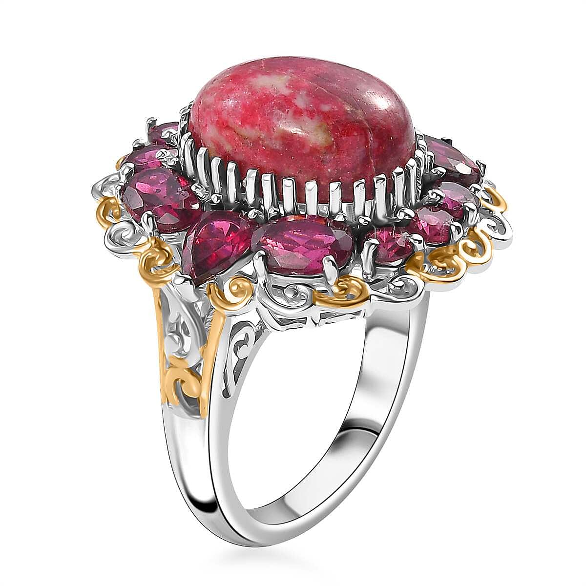 Karis Norwegian Thulite and Orissa Rhodolite Garnet 13.10 ctw Eternal Rose Ring in 18K YG Plated and Platinum Bond (Size 10.0)