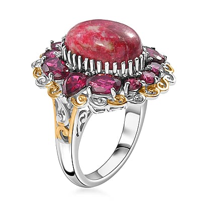 Karis Norwegian Thulite and Orissa Rhodolite Garnet 13.10 ctw Eternal Rose Ring in 18K YG Plated and Platinum Bond (Size 10.0)