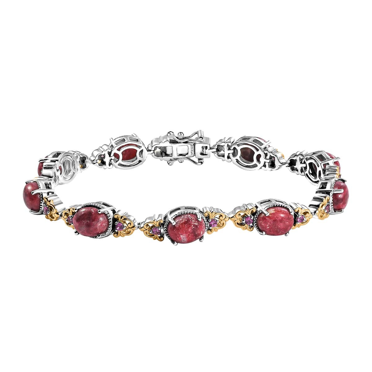 Karis Norwegian Thulite and Orissa Rhodolite Garnet 19.70 ctw Victorian Filigree Bracelet in 18K YG Plated and Platinum Bond (7.25 In) image number 0