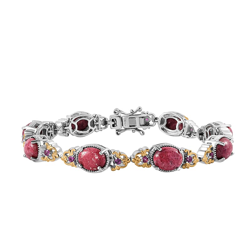 Karis Norwegian Thulite and Orissa Rhodolite Garnet 19.70 ctw Victorian Filigree Bracelet in 18K YG Plated and Platinum Bond (7.25 In)