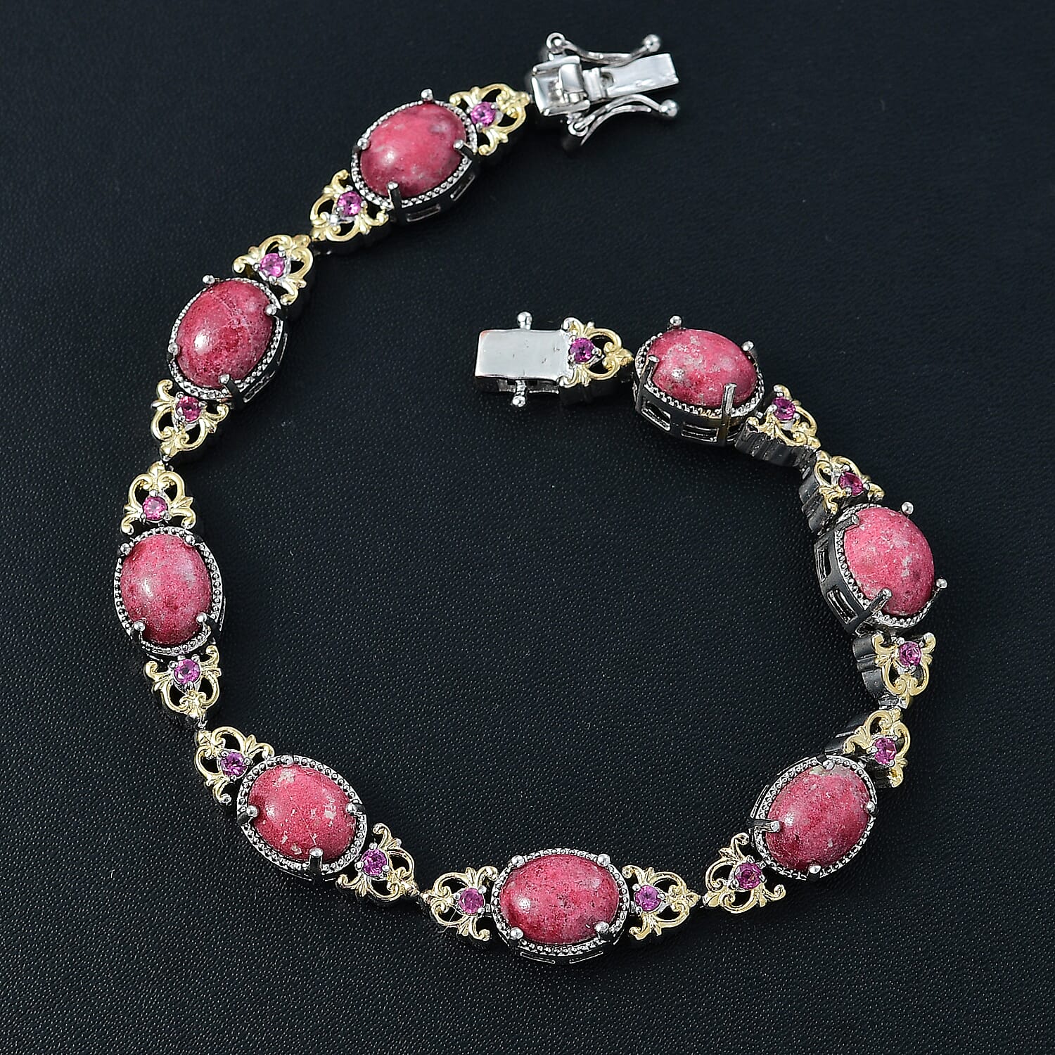 Karis Norwegian Thulite and Orissa Rhodolite Garnet 19.70 ctw Victorian Filigree Bracelet in 18K YG Plated and Platinum Bond (7.25 In)