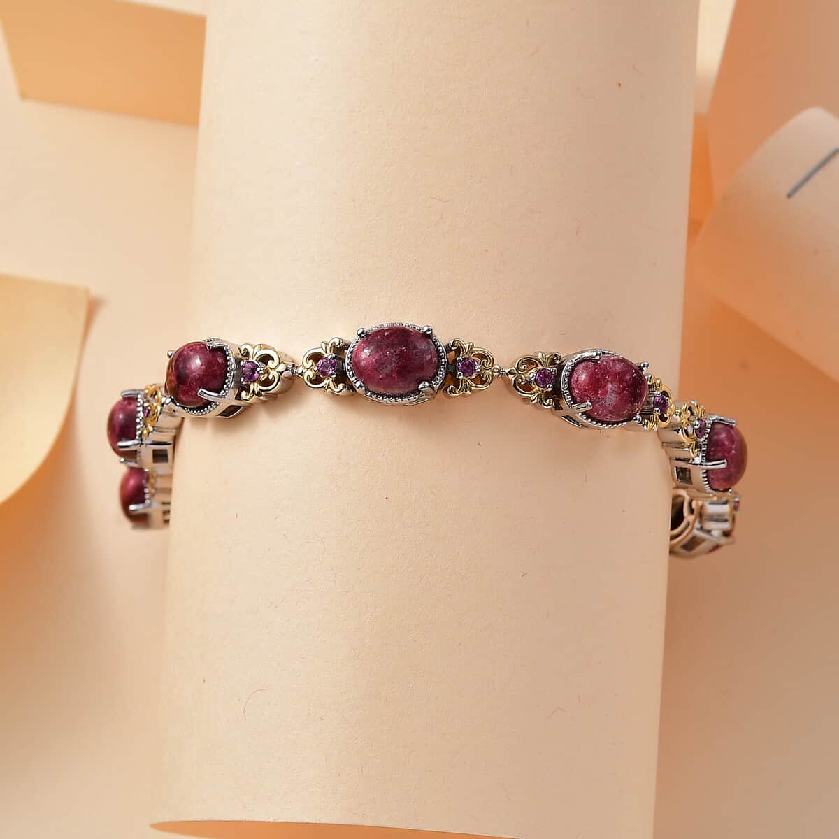 Karis Norwegian Thulite and Orissa Rhodolite Garnet 19.70 ctw Victorian Filigree Bracelet in 18K YG Plated and Platinum Bond (7.25 In) image number 1