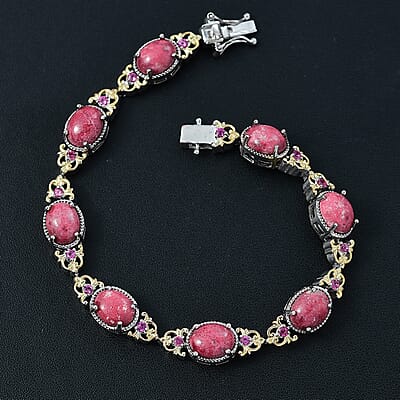 Karis Norwegian Thulite and Orissa Rhodolite Garnet 19.70 ctw Victorian Filigree Bracelet in 18K YG Plated and Platinum Bond (7.25 In)