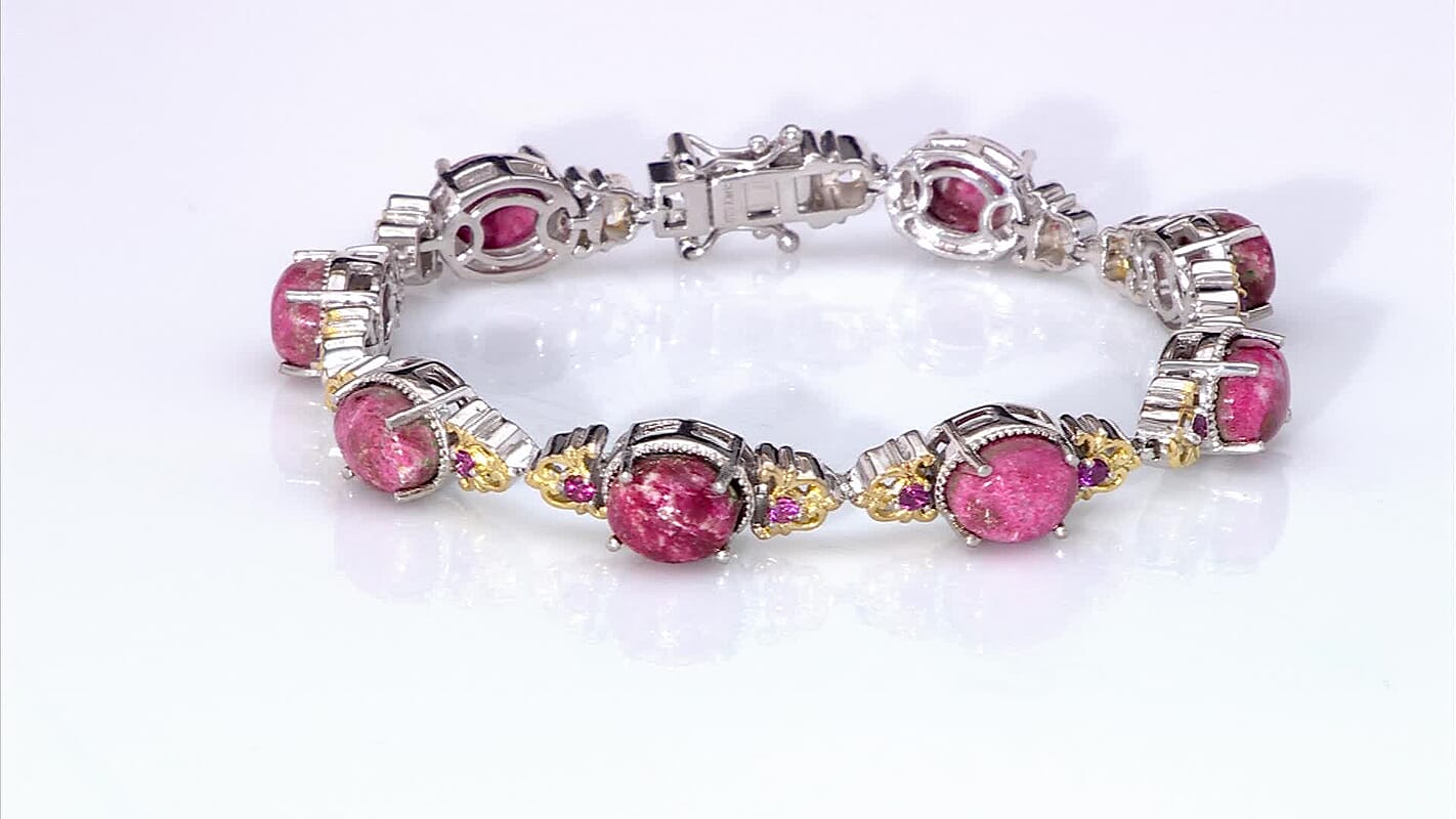 Karis Norwegian Thulite and Orissa Rhodolite Garnet 19.70 ctw Victorian Filigree Bracelet in 18K YG Plated and Platinum Bond (7.25 In)