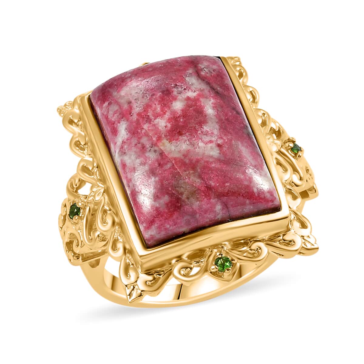 Karis Norwegian Thulite and Chrome Diopside 20.00 ctw Rosetta Vintage Ring in 18K Yellow Gold Plated image number 0