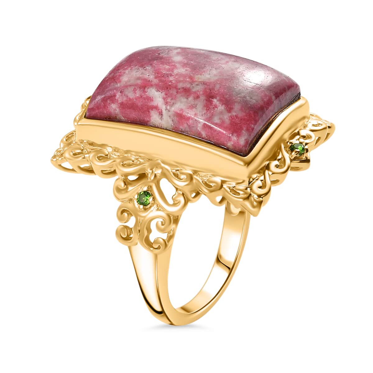 Karis Norwegian Thulite and Chrome Diopside 20.00 ctw Rosetta Vintage Ring in 18K Yellow Gold Plated image number 3