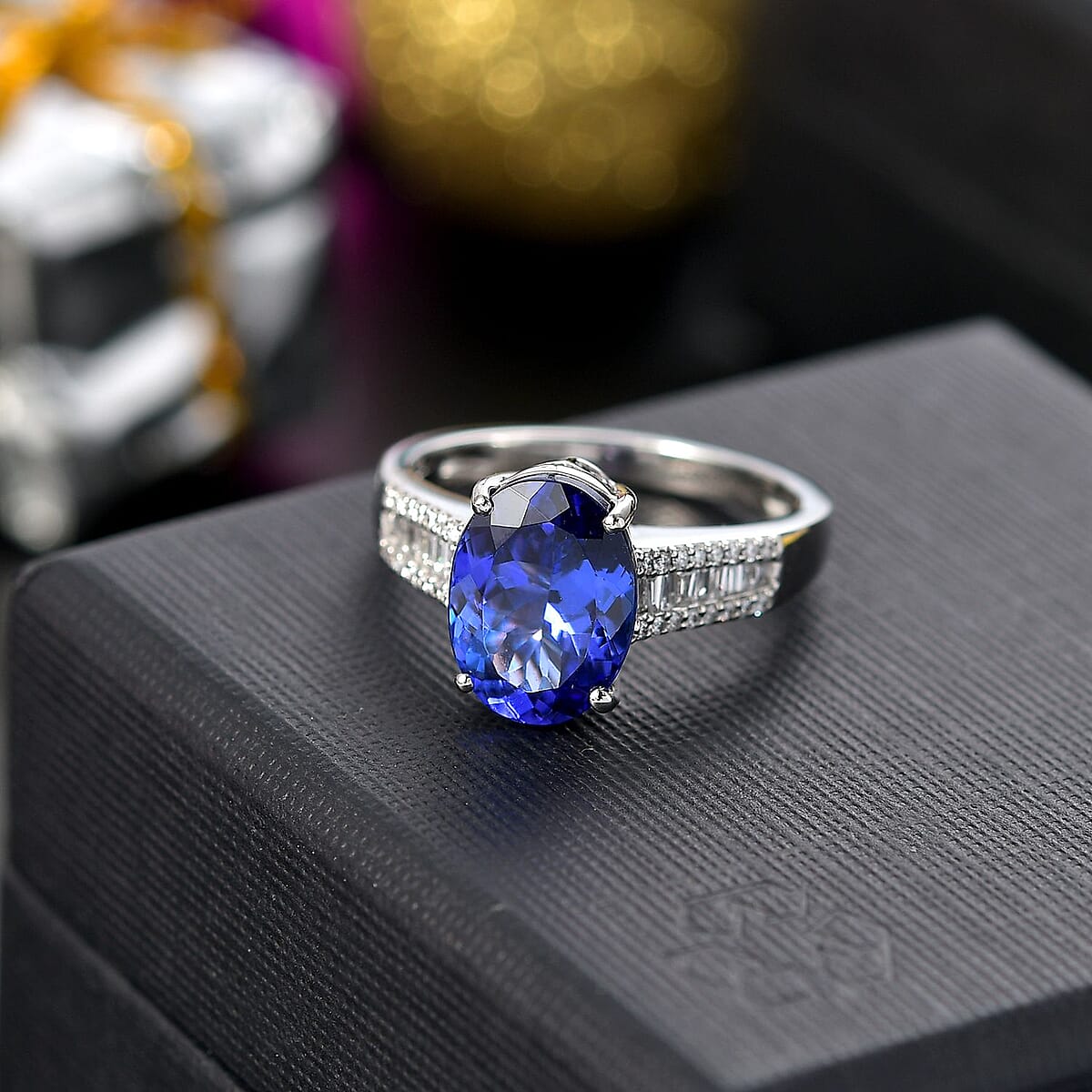 The Jennilee Certified & Appraised Rhapsody AAAA Tanzanite and E-F VS2 Diamond 4.35 ctw Statement Ring in 950 Platinum (Size 9.0) 6.10 Grams image number 1