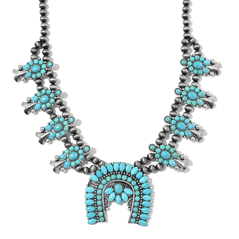 Blue Howlite and Resin 150.00 ctw Floral Necklace 24-28 Inches in Silvertone