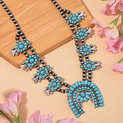 Blue Howlite and Resin 150.00 ctw Floral Necklace 24-28 Inches in Silvertone