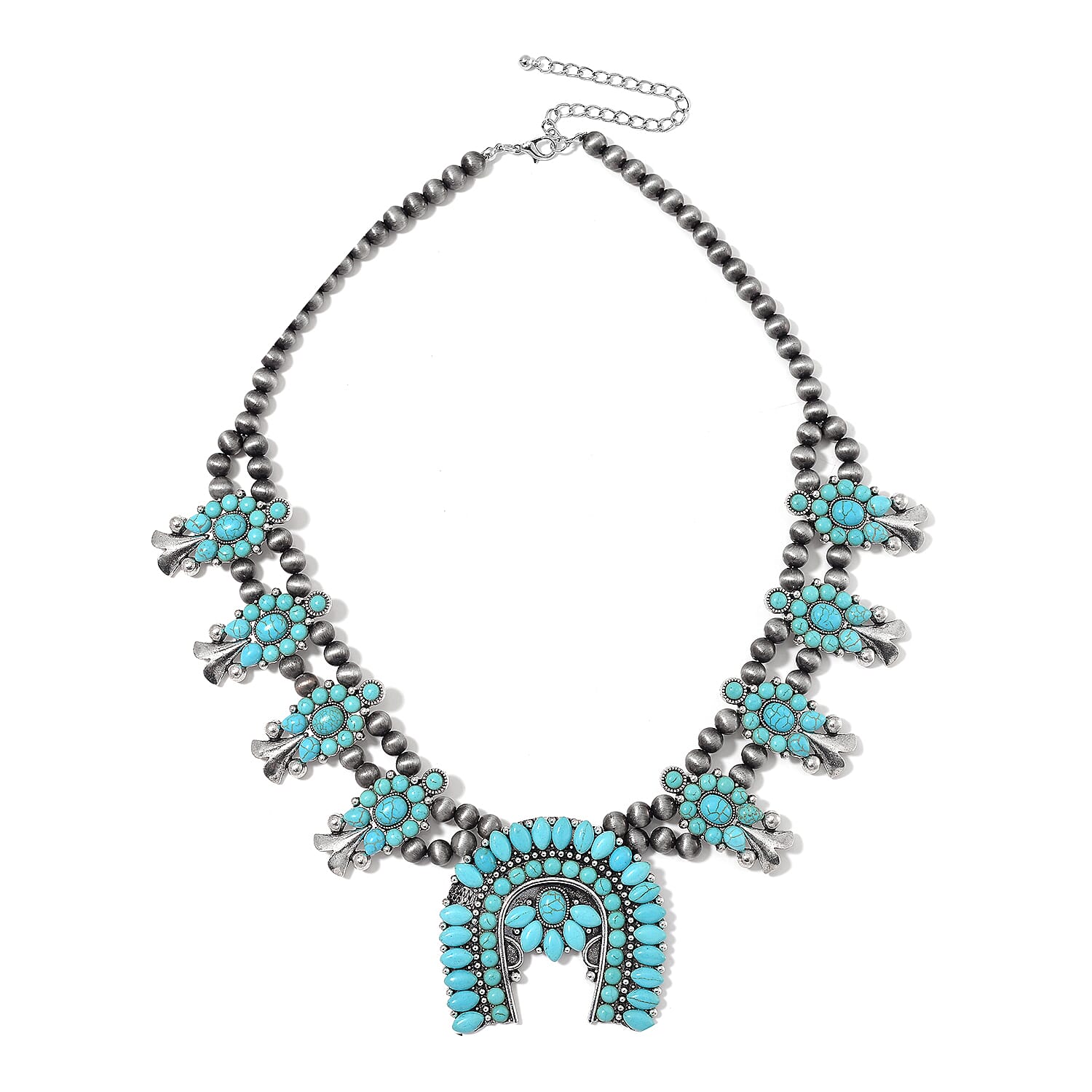 Blue Howlite and Resin 150.00 ctw Floral Necklace 24-28 Inches in Silvertone