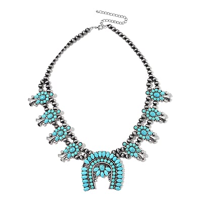 Blue Howlite and Resin 150.00 ctw Floral Necklace 24-28 Inches in Silvertone