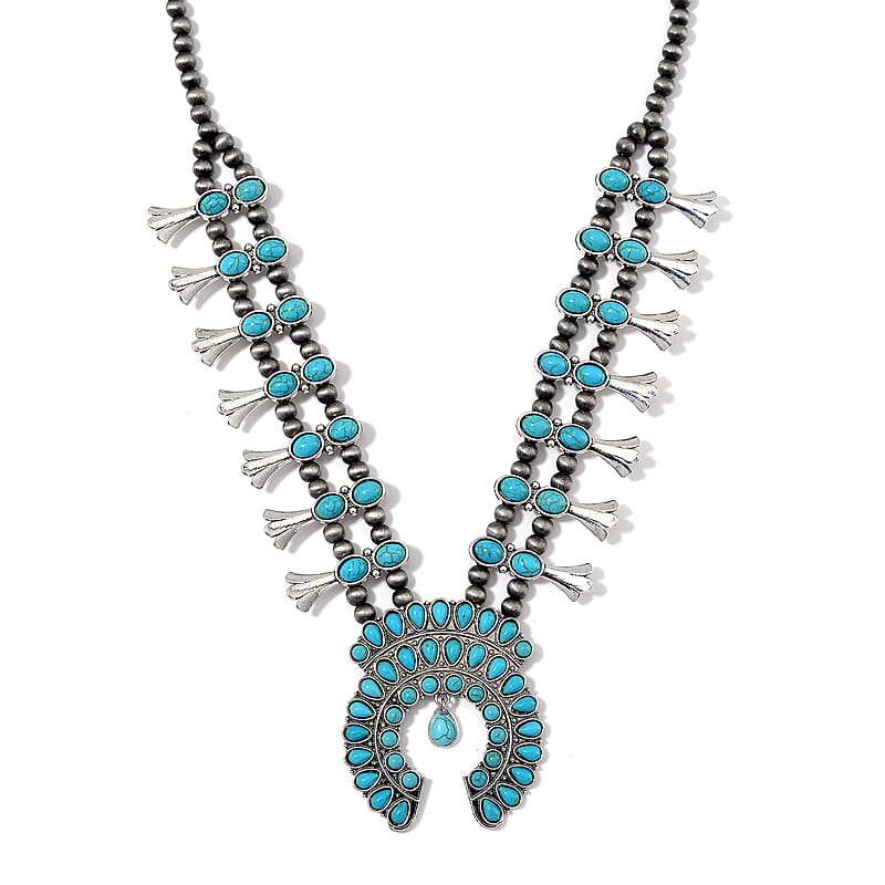 Blue Howlite and Resin 60.00 ctw Squash Blossom Necklace in Silvertone 24-28 Inches