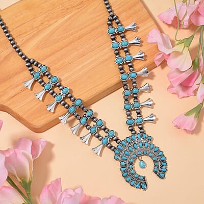 Blue Howlite and Resin 60.00 ctw Squash Blossom Necklace in Silvertone 24-28 Inches