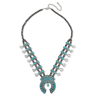 Blue Howlite and Resin 60.00 ctw Squash Blossom Necklace in Silvertone 24-28 Inches