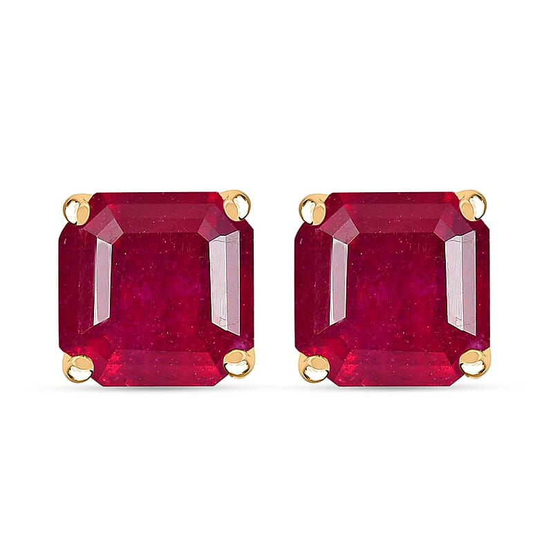 D'Joy Premium Niassa Ruby (FF) 7.90 ctw Stud Earrings in 18K Vermeil Yellow Gold Over Sterling Silver