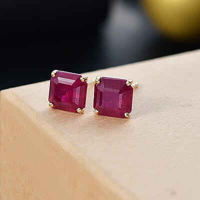 D'Joy Premium Niassa Ruby (FF) 7.90 ctw Stud Earrings in 18K Vermeil Yellow Gold Over Sterling Silver