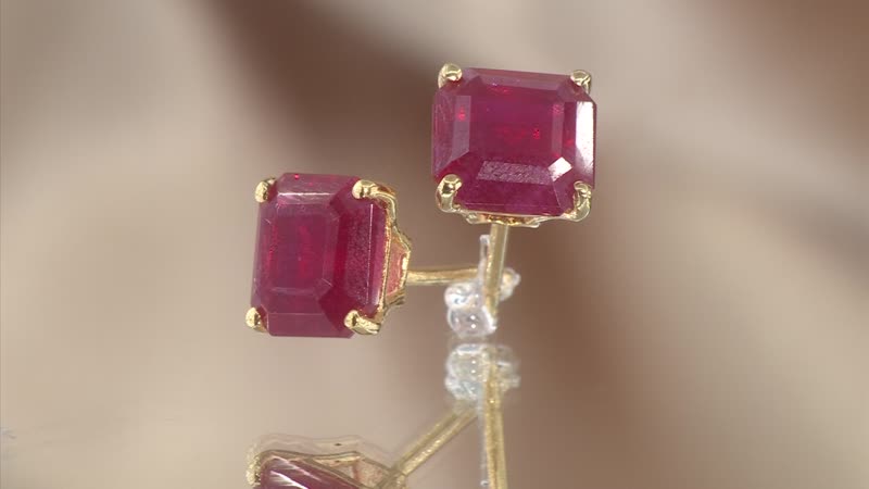 D'Joy Premium Niassa Ruby (FF) 7.90 ctw Stud Earrings in 18K Vermeil Yellow Gold Over Sterling Silver