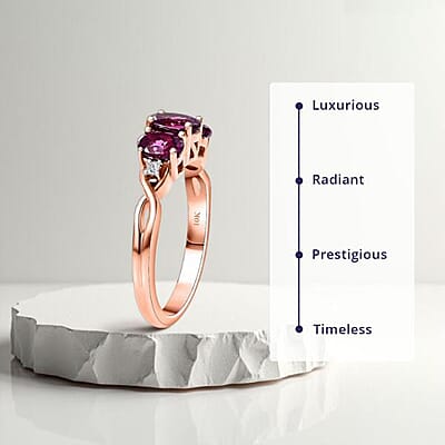 Certified & Appraised Luxoro AAA Radiant Ember Garnet and G-H I2 Diamond 2.10 ctw 3 Stone Ring in 10K Rose Gold (Size 10.0)