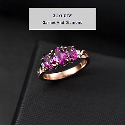 Certified & Appraised Luxoro AAA Radiant Ember Garnet and G-H I2 Diamond 2.10 ctw 3 Stone Ring in 10K Rose Gold (Size 10.0)
