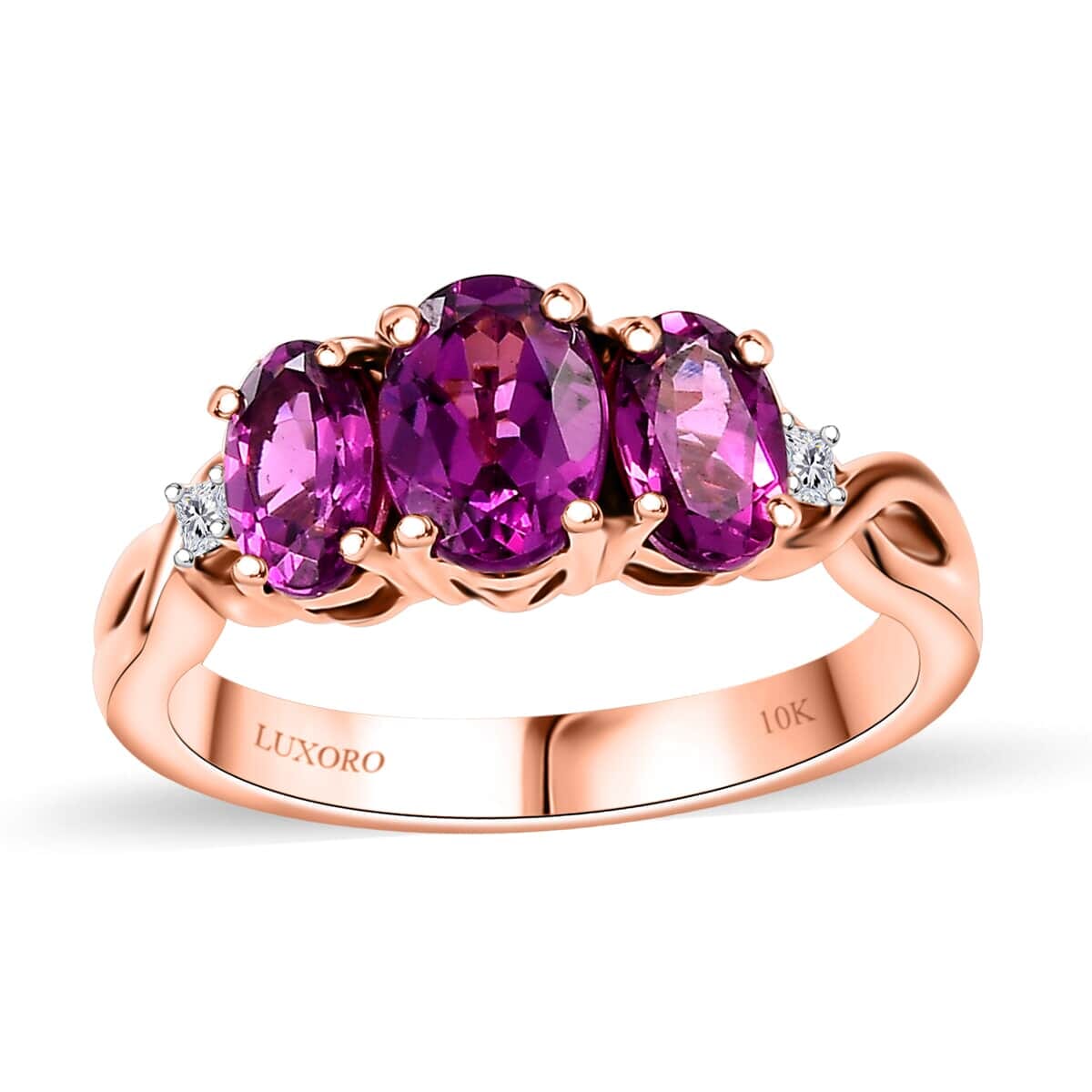Certified & Appraised Luxoro 10K Rose Gold AAA Radiant Ember Garnet, Diamond (G-H, I2) 3 Stone Ring (Size 10.5) 2.10 ctw image number 0