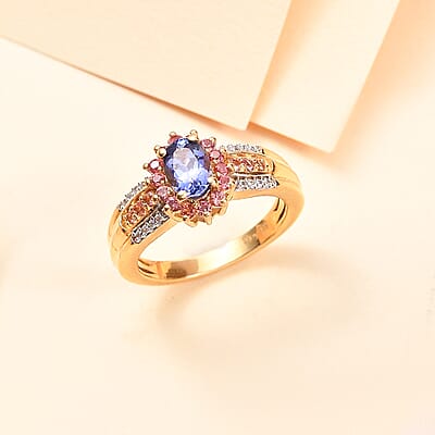 D'Joy AAA Tanzanite and Multi Gemstone 1.20 ctw Twilight Bloom Ring in 18K Vermeil Yellow Gold Over Sterling Silver (Size 10.0)